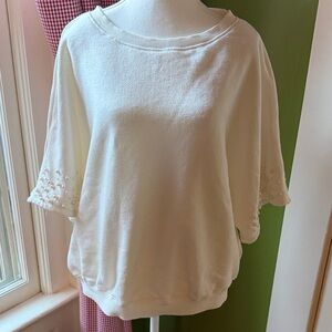 Anthropologie Cream Short-Sleeved Sweatshirt with Pearl Embellishment